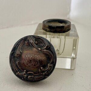 Antique 1900s Square Cube Cut Beveled Glass Inkwell Sterling Silver Monogram Lid